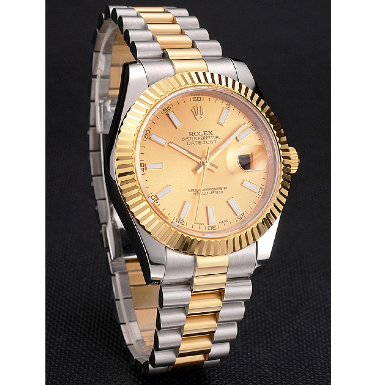 Aaa fake watches Gold Datejust Bezel Stainless Swiss Bracelet Gold Steel Case Rolex Dial Tone Two 0522